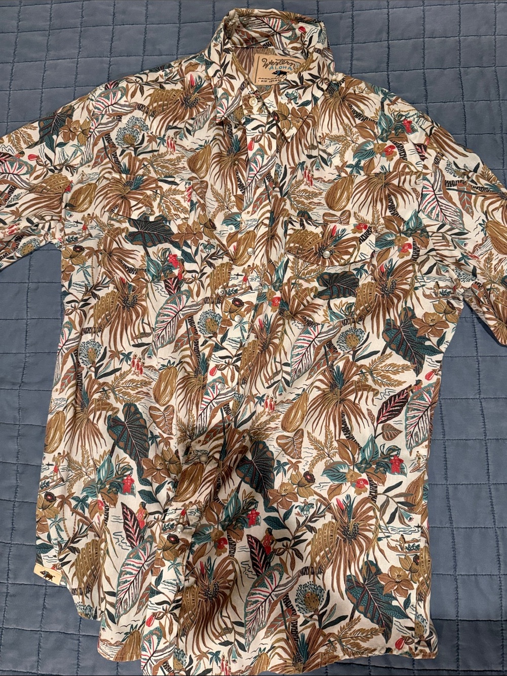 Tropical Print Short-Sleeve Button-Down Shirt - Cream/Brown